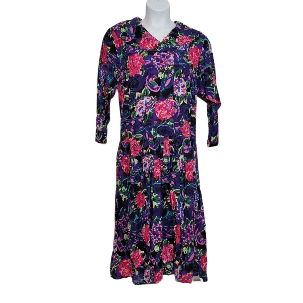 VINTAGE 80s bold floral‎ double breasted long sleeve rayon midi dress M